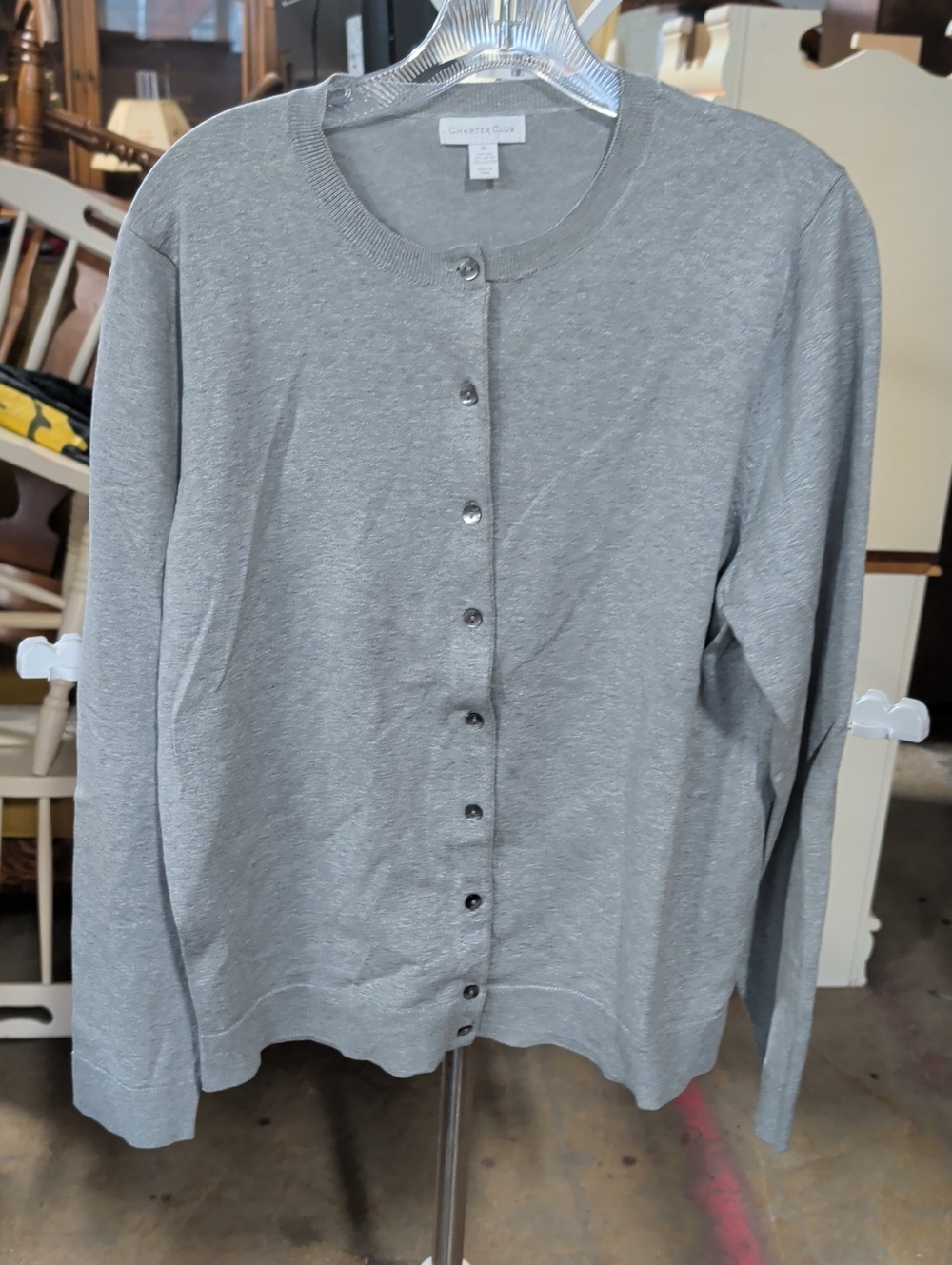 Charter Club Silk Blend Light Gray Button-Front Crewneck Cardigan